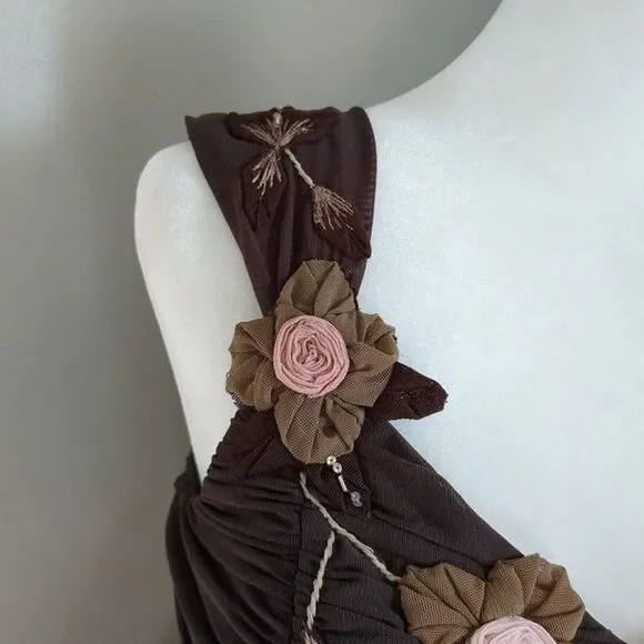 Vintage Sue Wong Mesh Dress Y2K Fairycore Drop Waist Brown Whimsygoth Size 6 - Picture 11 of 11